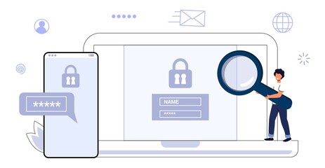 2fa Two factor authentication password secure notice login verification code Notice with code fo sign in Two steps factor verification via laptop and phone. Mobile OTP method Vector flat illustration