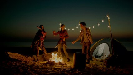 Group of young people having camp on the beach at night
