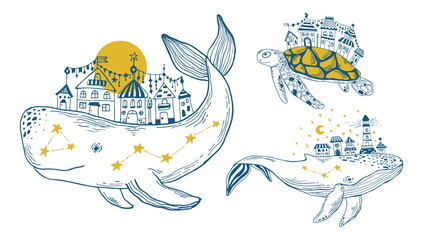Blue and yellow outline whales and turtle with cute houses in its back. Galaxy and sea animal vector illustration.