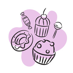 Sweet buns, pastries, sweets. Vector illustration in doodle style.