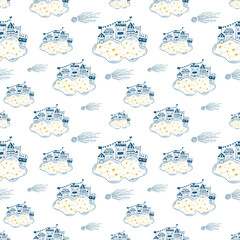Blue and yellow outline seamless pattern with houses on clouds and celestial. Galaxy stars vector illustration.