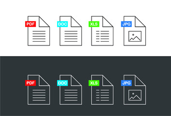 Common Filetype icons, PDF, DOC, XLS and JPG black and inverse (white) versions