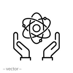 peaceful atom icon, nuclear safety, molecule nucleus in hands, thin line web symbol on white background - editable stroke vector illustration
