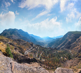 Aerial view of the twisting switchbacks of El Mulato road in Tenerife