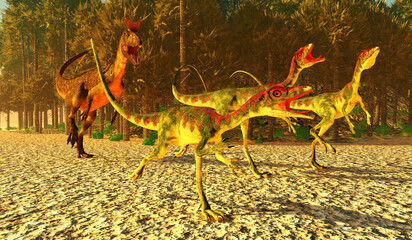 Compsognathus runs from Cryolophosaurus - Compsognathus dinosaurs run for their lives as a Cryolophosaurus predator tries to catch them during the Jurassic Age.