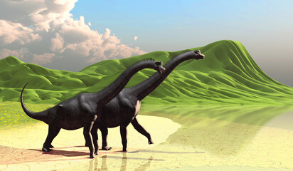 Two Brachiosaurus Dinosaurs - Rolling green hills end at a lakeshore as herbivorous sauropod Brachiosaurus dinosaurs come to the beach during the Jurassic Period. © Catmando