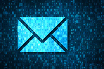 Email and cyber security concept. Phishing, hacking, virus and account theft dangers. Illustration with blue e-mail icon and binary code background. - obrazy, fototapety, plakaty