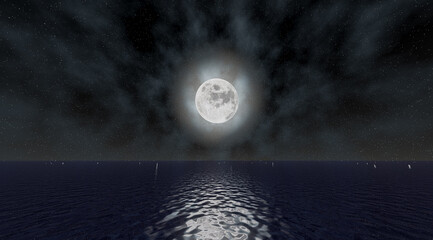 Moon and starry night view reflected in the sea 3D illustration.