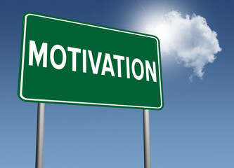 The word Motivation on a highway sign with a blue sky background.