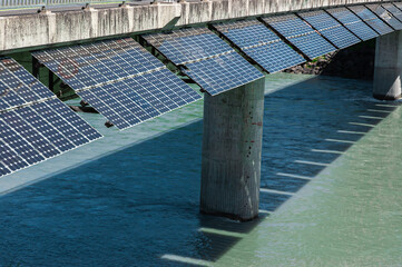 Outdoor solar cells for generating electricity on the bridge over river Rhein, connecting Switzerland and Liechtenstein