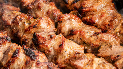 Tasty oriental shashlik skewer cooking over an open fire