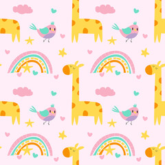 Nursery Giraffe seamless pattern. Abstract boho rainbow, cloud, minimalist arch. Nursery and baby room. Cute animal stock modern trendy hand drawn flat illustration isolated on white background. EPS