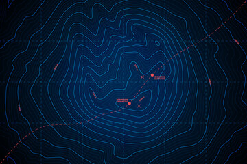 Sea Abyss Vector Topographic Map With Depth Route And Coordinates Conceptual User Interface Dark Blue Background. Bermuda Triangle Underwater Area Abstract Illustration. Topography Relief Territory - obrazy, fototapety, plakaty