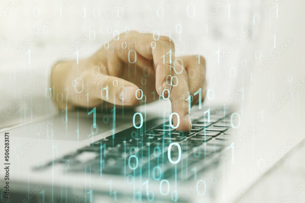 Aufkleber creative abstract binary code hologram and hands typing on computer keyboard on background, ai and m