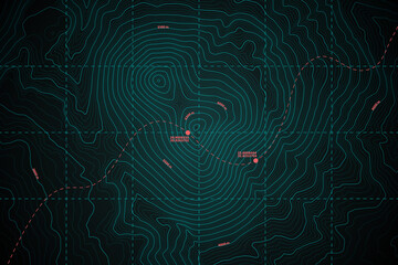 Modern Detailed Digital UI Topographic Map Vector Abstract Turquoise Background. Geographic Topology Structure With Depth Route And Coordinates Conceptual Cartographic Illustration - obrazy, fototapety, plakaty