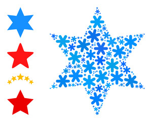 Mosaic 6-finger star icon is organized for winter, New Year, Christmas. 6-finger star icon mosaic is done from light blue snow icons. Some similar icons are added.