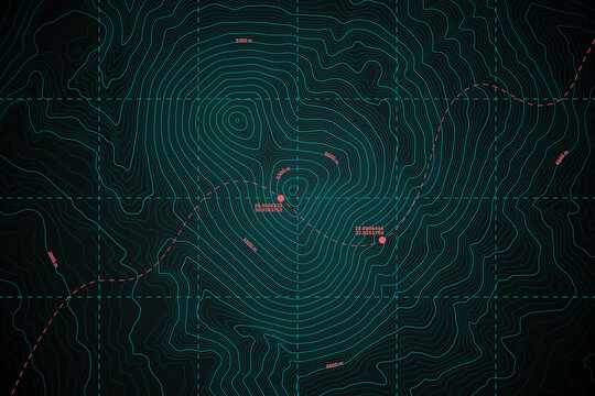 Modern Detailed Digital UI Topographic Map Vector Abstract Turquoise Background. Geographic Topology Structure With Depth Route And Coordinates Conceptual Cartographic Illustration