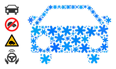 Mosaic car icon is constructed for winter, New Year, Christmas. Car icon mosaic is designed with light blue snow parts. Some bonus icons are added.