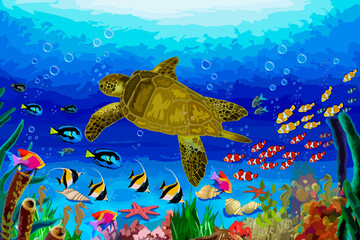 Obraz na płótnie Canvas Sea turtle and flocks of fish.Color vector illustration of flora and fauna of the underwater world.