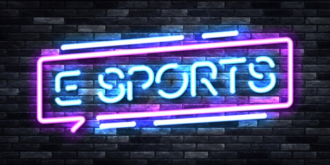 Vector realistic isolated neon sign of E Sports logo for template decoration and branding on the wall background. Concept of cybersport and videogames.
