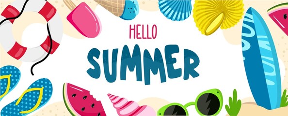 Summer background website header Colorful Horizontal postcard banner Vector illustration in Flat style