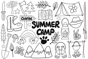 Summer camp Children, kids camping Children plays. Vector illustration