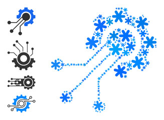 Mosaic sensor cog icon is designed for winter, New Year, Christmas. Sensor cog icon mosaic is shaped with light blue snow parts. Some similar icons are added.