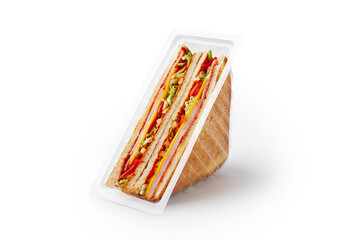 Delicious sandwiches with ham and vegetables in container