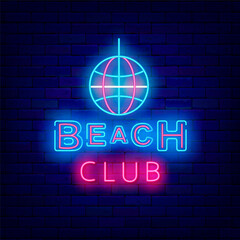 Beach club neon signboard. Colorful disco ball. Dance music design. Glowing template promotion. Vector illustration