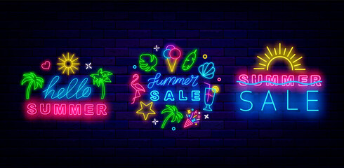 Summer sale neon signboards collection. Hello summer badge. Sun and tropical leaves. Vector stock illustration