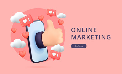 Online marketing, website template. Social media. Like, smile and thumb up hand icons. Marketing promotion, business.