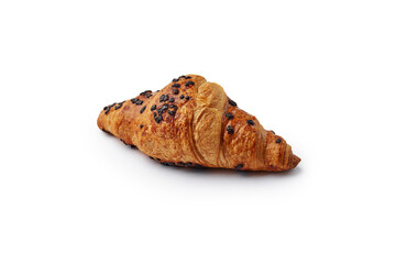 Croissant of puff dough with chocolate crisps on white