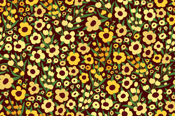 Seamless pattern with painting floral meadow in retro style. Liberty composition of small yellow leaves, various foliage on a brown field. Romantic botanical background design, print. Vector.