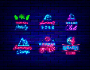 Summer sale neon signboards collection. Beach club and party.Season emblems pack. Editable stroke. Vector illustration