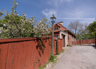 Street with old wood house with tile roof and dorm and fruit tree blossom a sunny day in Stockholm