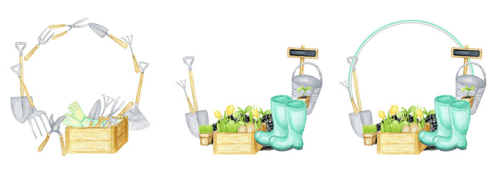 Watercolor garden tools wreath frame set. Hand drawn, rake, bucket, wood box, shovel wreath illustration isolated. Spring, summer template cards, Gardening equipment banner, horticulture concept