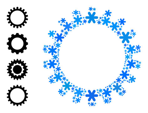 Mosaic cog icon is constructed for winter, New Year, Christmas. Cog icon mosaic is constructed with light blue snow parts. Some bonus icons are added.