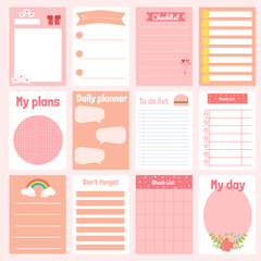 Cute paper notes. Stationary set. Scrapbook notes and cards.Printable planner stickers. To Do List note. Template for your message. Decorative planning element. Vector illustration.