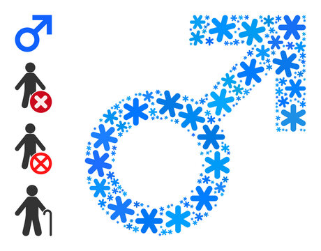 Mosaic male sign icon done for winter, New Year, Christmas. Male sign icon mosaic is done of light blue snow flakes. Some bonus icons are added.