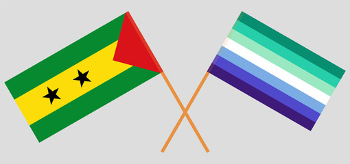 Crossed flags of Sao Tome and Principe and gay men pride. Official colors. Correct proportion