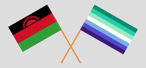 Crossed flags of Malawi and gay men pride. Official colors. Correct proportion