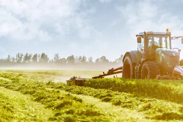 Fotobehang tractor makes harvesting hay for animals on a farm © st.kolesnikov