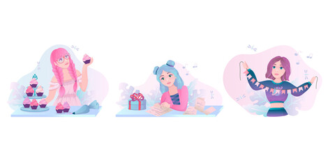 People are preparing for a birthday party and celebrating with garlands, balloons, champagne, cake, and gift boxes. Preparation for the holiday. Vector illustration isolated on white background.