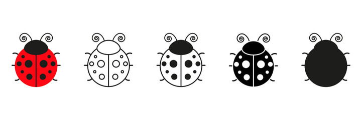 Ladybugs cute different characters set. Ladybirds in five style. Vector illustration isolated on white.