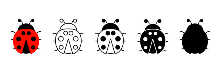 Ladybugs cute different characters set. Ladybirds in five style. Vector illustration isolated on white.