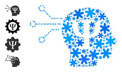 Mosaic mental programming icon is combined for winter, New Year, Christmas. Mental programming icon mosaic is created of light blue snow elements. Some similar icons are added.