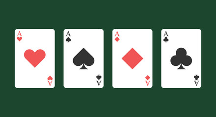 Playing cards four aces separately from each other for games such as poker and blackjack, roulette. Betting club and gambling, winning theme. Vector, flat style.