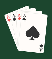 Playing cards four aces for games such as poker and blackjack, roulette. Betting club and gambling, winning theme. Vector, flat style.