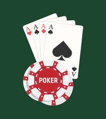 Playing cards four aces with chips, with the inscription poker, for playing poker. Vector, flat style