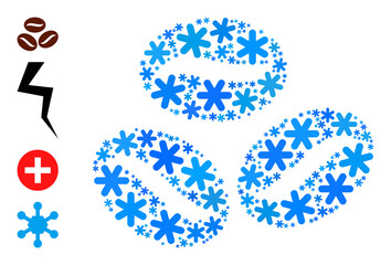 Mosaic coffee grains icon is done for winter, New Year, Christmas. Coffee grains icon mosaic is made with light blue snow items. Some bonus icons are added.